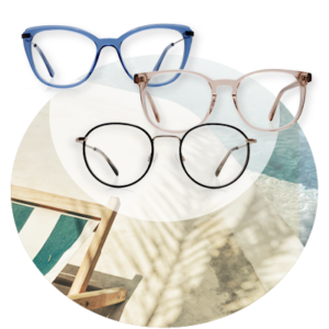 Trendige Brillenmodelle auf sommerlichem Hintergrund