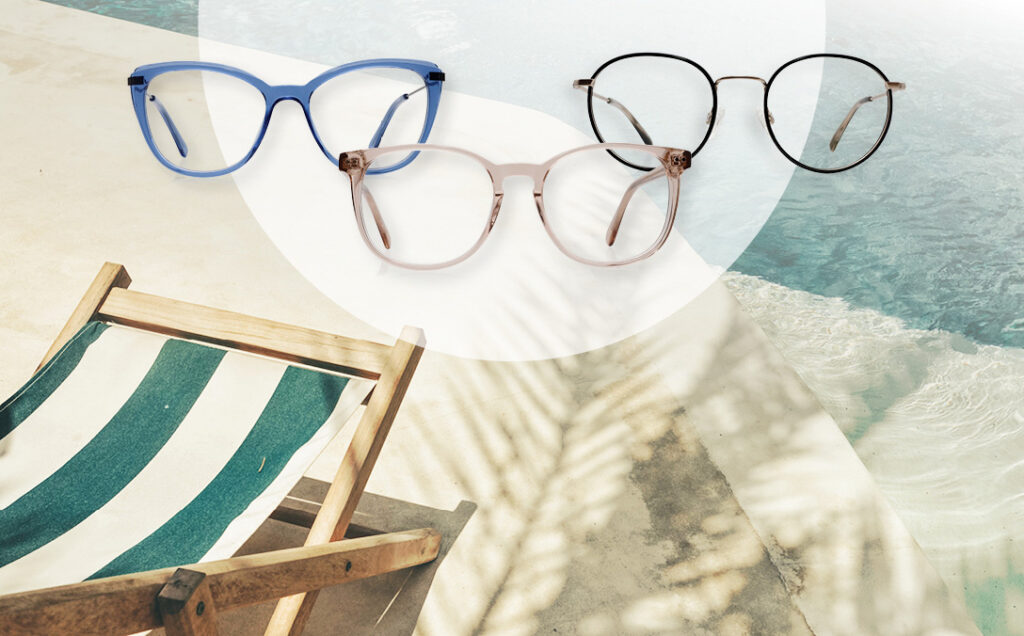 Drei trendige Brillenmodelle auf sommerlichem Hintergrund