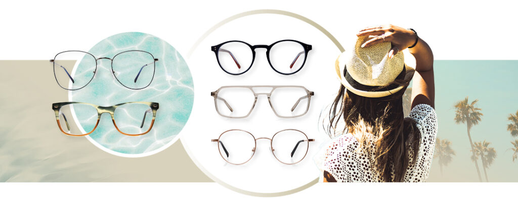 Fünf modische Brillenmodelle auf sommerlichem Hintergrund